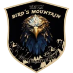 Ein Wappen mit dem Schriftzug "Team Bird's Mountain Vogelsberg". In der Mitte ist ein stilisierter Adlerkopf dargestellt, umgeben von Bergsilhouetten.
