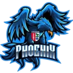 Ein stilisierter blauer Phönix mit ausgebreiteten Flügeln, in dessen Mitte das Wappen von SV Vogelsberg integriert ist. Darunter steht der Schriftzug "Phoenix".